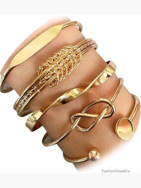 Multi Layer Cuff Bracelets Set 14k Plated Textured Indian Punk Chunky Cable